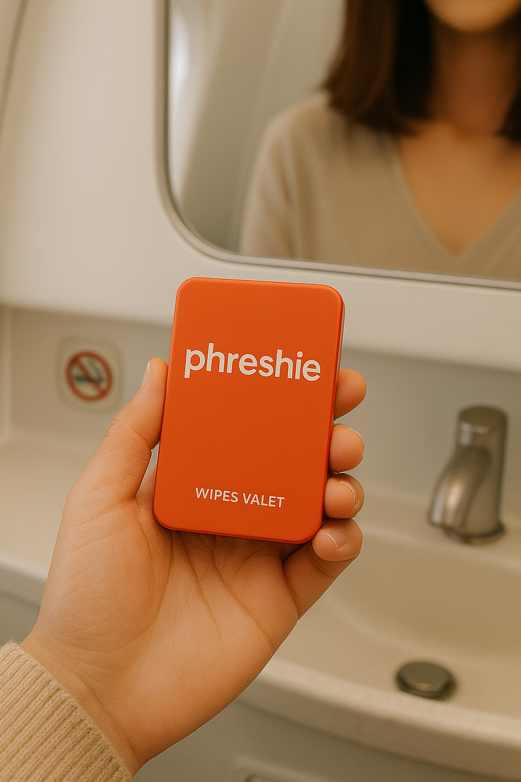 Phreshie Wipes Valet held in airplane bathroom