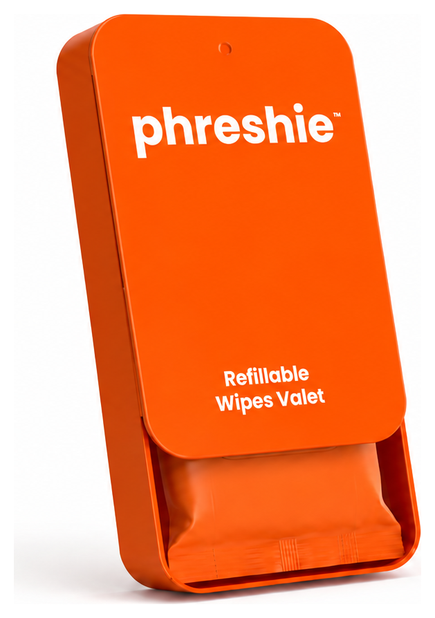 Phreshie Refillable Wipes Valet standing upright, slid open to reveal a Phresh Pack refill